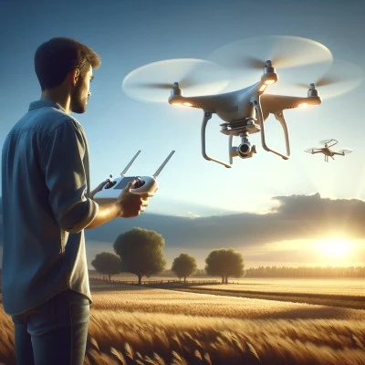Enthusiastic individual in open field mastering quadcopter drone flight against a clear sky backdrop, symbolizing learning and technological advancement.