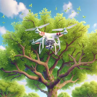 Drone caught in tree branches, showcasing the complexities of aerial recovery.