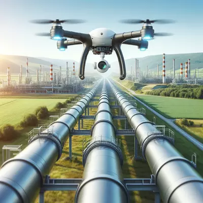 Drone equipped with cameras and sensors inspects a pipeline, blending technology with the environment for enhanced safety.