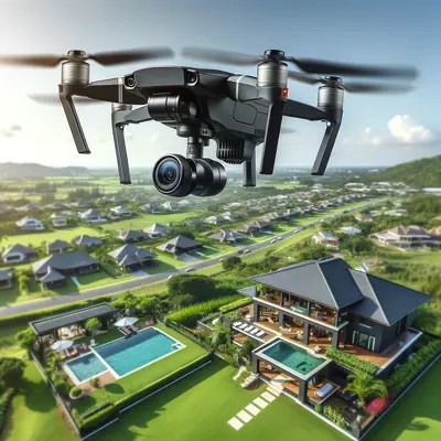 Advanced drone equipped with a camera flies over a luxury property for real estate photography.